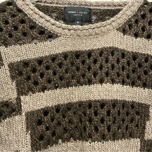 Brown and Beige Crew Neck Sweater with Geometric Stripes